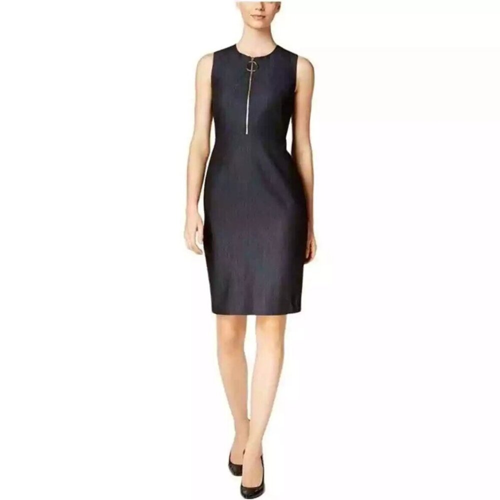 Calvin Klein Fitted Sheath Dress Women Size 8 Blue Sleeveless Chambray Front Zip